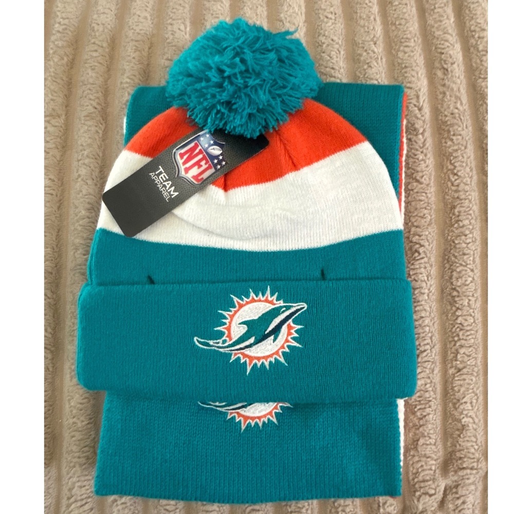 NFL Miami Dolphins Beanie and Scarf Set Aqua Orange White Knit Pom Hat New